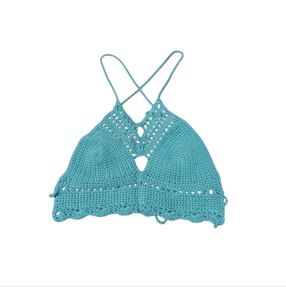 Crochet Knit Halter Top Handmade Turquoise Festival Small Boho Cottagecore - Picture 1 of 5